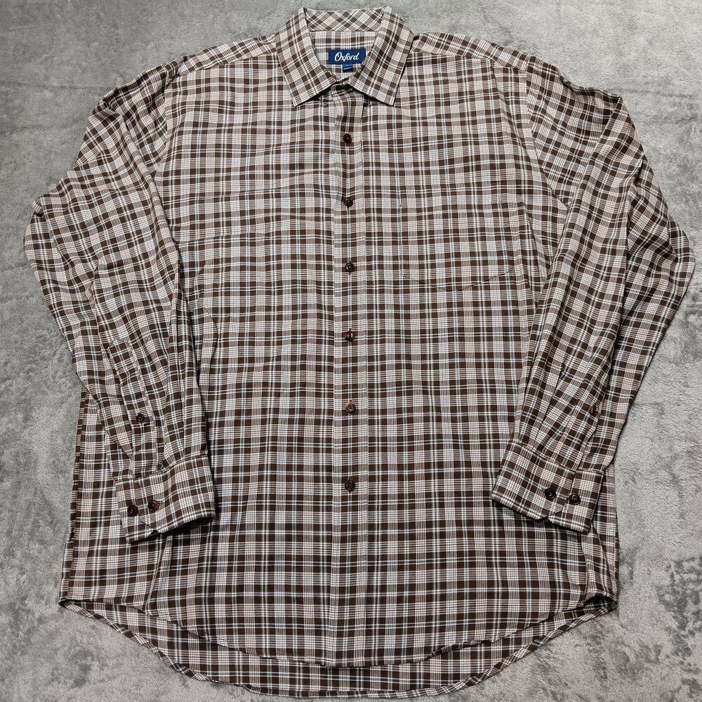 Oxford Brand Men's Button-Down Long Sleeve Shirt Size Large Brown Blue White
